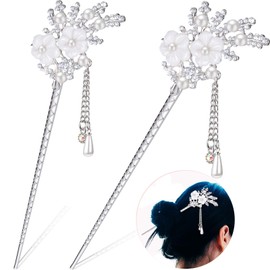 2 Pieces Rhinestone Pearl Flower Hair Stick Vintage Chinese Hair Chopsticks Vintage Tassel Hair Pin Chignon Pin Chopsticks Hair Styling Hair Making Accessories for Women (Silver)