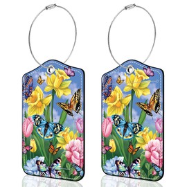 Heyfibro 2 Pack PU Luggage Tags with Privacy Flap for Suitcases, Travel Accessories for Women, Men, Kids (Flower Butterfly)