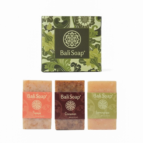 Bali Soap - Natural Soap Bar Gift Set, 3 pc Variety Pack, Papaya - Cinnamon - Lemongrass, Face or Body Soap, Best for All Skin Types, For Women, Men & Teens, 3.5 Oz each