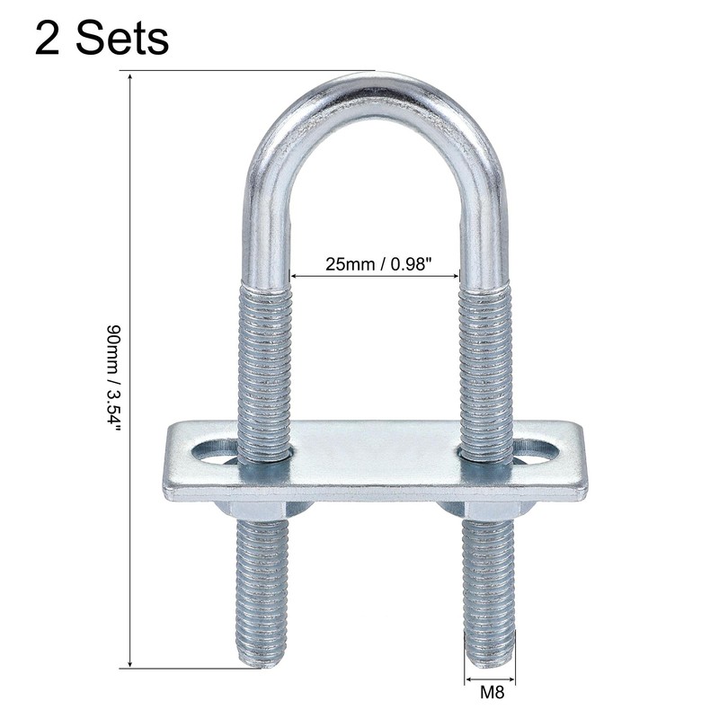 sourcing map Round U-Bolts 2 Sets 0.98"(25mm) Inner Width 90mm