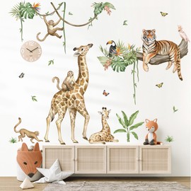 wondever Large Jungle Animal Wall Decals Baby Safari Nursery Decor Giraffe Tiger Monkey Tree Branch Peel and Stick Wall Stickers for Kids Room Bedroom