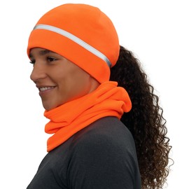 TrailHeads Women's Winter Set | Reflective Ponytail Beanie and Micro Fleece Neck Warmer for Running, Hiking, XC Skiing, Hunter Orange, One Size
