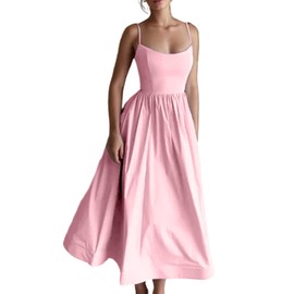 LAJIOJIO Womens Corset Midi Dress Wedding Guest Dresses for Women Flowy Pleated A Line Sundress Pink