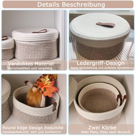 Yearonan 2 Pieces Storage Baskets with lids-Cotton Rope Lidded Basket-Natural cotton thread, leather buckle, Decoration Basket with Lid-Woven storage basket with lid.(White Brown)