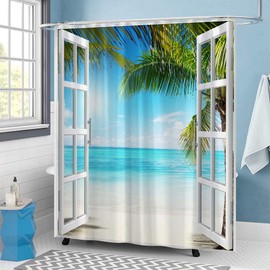 Ocean Shower Curtain Palm Tree Sea Beach Window Fabric Decor Shower Curtain with Hooks 71W x 71L inches (Blue1)