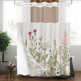 Tititex No Hooks Snap in Liner Vintage Wildflower Botanical Herbs Shower Curtain Sets, Hotel Luxury Double Layers Waterproof Fabric & See-Through Top Window Bathroom Decorative 72x72 Inch