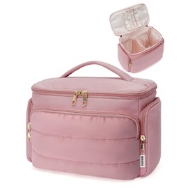 WANDF Travel Toiletry Bag, Large Wide-Open Makeup Bag with Handle, Puffy Cosmetic Wash Bag for Toiletries, Cosmetics, Accessories, Essentials for Women (Pink)