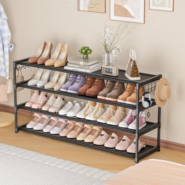 LUKYTOWER Long Shoe Rack 4 Tier Shoe Storage Organizer with 2 Hooks, Wide Stackable Shoe Organizer Racks for Closet Entryway,Shoe Shelf Stand Sturdy Durable Shoes Holder Save Space Up to 26Pairs