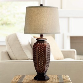 Country Cottage Tropical Style Table Lamp 29" Tall Brown Woven Wicker Pattern Beige Linen Drum Shade Decor for Living Room Bedroom House Home Dining Office Reading Entryway - Regency Hill