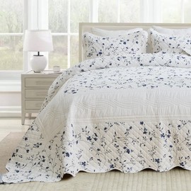 Soforpring 100% Cotton Bedspread California King Size - 120"x120" Blue Farmhouse Floral Quilt Set, Reversible Rustic Bedspread Coverlet with 2 Pillowshams, Soft Bedding Set 3pcs, White