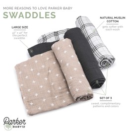 Parker Baby Swaddle Blankets - 3 Pack of 100% Cotton Muslin Swaddle Blankets for Baby Boys and Girls - Unisex/Gender Neutral - Classics Set