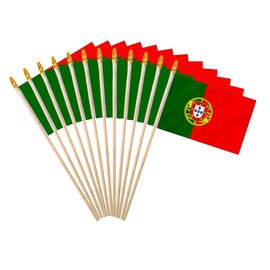 Portugal Stick Flag 4x6IN 12 Pack Small Mini Portuguese National Handheld Flag with Wood Pole And Blunt Spear Top