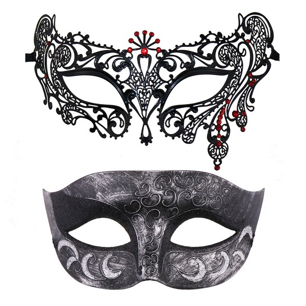 Thmyo 2 Pack Venetian Masquerade Mask for Couples, Mardi Gras Halloween Ball Mask (Antique Silver black & black +red)