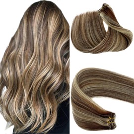 Highlights Sew in Hair Extensions Real Human Hair, Chocolate Brown to 613 Bleach Blonde Hand Tied Weft Hair Extensions Human Hair 16 Inch 100G Straight Human Hair Extensions Weft Hair for Full Head
