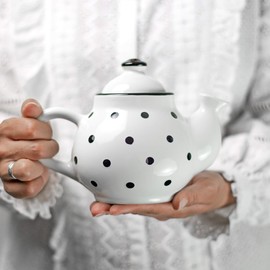 City to Cottage Ceramic 26oz Teapot, Coffee Pot, Tea Pot for Bloomig and Loose Tea Leaf, Handcrafted Premium Teaware, White and Black Polka Dot Tea Pot for Serving Tea and Coffee Teapot for Tea Lovers