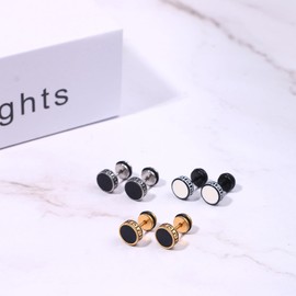 Aroncent Vintage Round Stud Earrings: Stainless Steel Faux Gauges Ear Tunnel 3 Pairs Fake Gauge Fake Earrings Piercing Studs Flat Back Earrings for Men Women, Stainless Steel, No Gemstone