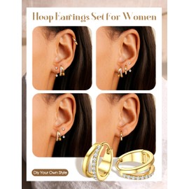 Finrezio 3 Pairs of Earrings Silver 925 Earrings Gold Hoop Earrings 14K Gold-Plated Double Hoop Earrings Hypoallergenic Golden Earrings Women's Piercing Ear Gold Earrings Jewellery for Multiple