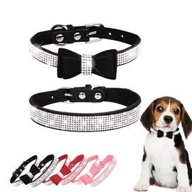 2 Pack Dog Collars for Small Dogs, Bling Rhinestone Bow Collars, Adjustable Soft Leather Suede Puppy Collars, Sparkl Diamond Crystal Boy Girl Dog Collars for Puppy Cat Kitten, Black XXS