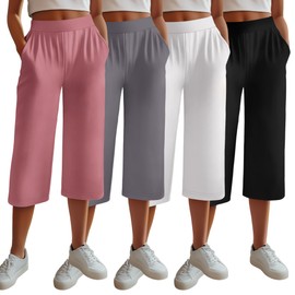 Neer 4 Pack Women's Capri Pants, Cotton Wide Leg Capris Sweatpants Lounge Loose Fit Cropped Yoga Pant with Pockets for Summer(Black, White, Gray, Pink,Medium)