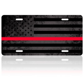 Thin Red Line American Flag License Plate Cover Retro Firefighters License Plate Funny Car Decoration Vanity Tag Stainless Steel Holder Fits Any Standard Us License Plate Frame 6.2x12.2 for Women Men