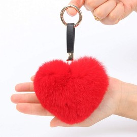 AICHUAN Genuine Rex Rabbit Hair Fur Pompom Keychain Heart Shaped Bag Charm Ring Fluffy Fur Ball, Red, One Size