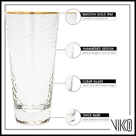 Vikko Drinking Glasses, 14 Oz Elegant Glass Cups, Set of 6 Hammered Glass Cups with Gold Rim for Water or Juice, Highball Glass Tumbler & Water Glasses for Drinking