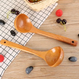 Bamboo Wooden Spoons Set Long Handle Spoon Old Lacquer Spoon Wooden Soup Ladle Porridge Spoon for Family Restaurant Hotel (Curved Spoon)
