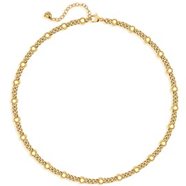 MEVECCO Gold Necklace for Women 18K Vacuum Gold Plated Short Chain Necklace Flat Bead Laser Cut Flat Surface Oval Simple Choker Necklace for Her Jewelry Gifts