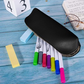 Fyore Leather Pencil Case Slim Design Pen Bag with Metallic Zipper Pocket Size for or Student Office College Middle School (Black)