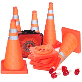 5PCS 18" Collapsible Traffic Cones with Nighttime LED Lights Pop up Safety Road Parking Cones Weighted Hazard Cones Construction Cones Fluorescent Orange w/2 Reflective Silver Strips Collar