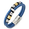 COOLSTEELANDBEYOND Mens Blue Braided Leather Bracelet Double-Row Bangle Wristband, Silver