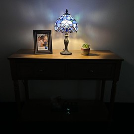 enjoy decor lamps Tiffany Mini Table Lamp Blue Stained Glass Baroque Style Lavender LED Bulb Included Pull Chain Switch for Living Room Bedroom Bedside 14" H*8" W