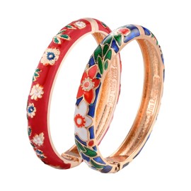 wynameleri Cloisonne Bracelet Flower Gold Hinge Indian Cuff Bangle Enameled Jewelry Flower Bracelets for Women Gift Box 55A18-55A101 red Blue