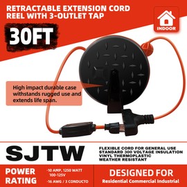 YOJOE 30 Ft Retractable Extension Cord Reel, 16/3 SJTW Power Cord with 3 Electrical Outlets and 10 Amp Circuit Breaker, Ceiling or Wall Mount, Adjustable Stopper,Red