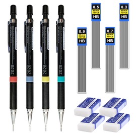 Pack of 4 Mechanical Pencils, 4 Tubes Pencil Leads HB Lead Pencil and 4 Pieces Eraser, Black Mechanical Pencil for Writing, Homework, Drawing, Sketching (0.3 mm & 0.5 mm & 0.7 mm & 0.9 mm)