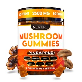 Novure 2500 MG Mushroom Gummies, 10 in 1 Blend with Lions Mane, Cordyceps, Turkey Tail, Reishi, Shiitake, Chaga, Maitake, Zinc, Vitamin C and B, Mushroom Gummies for Adults (60 Count, Pineapple)