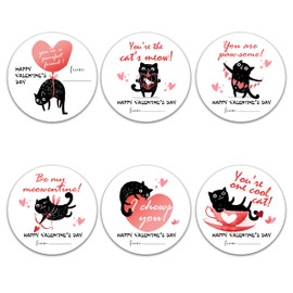 Valentine's Day Gift Tags Stickers - 60 Happy Valentine's Day Gift Labels Stickers - Black Cat Round Gift Tags Self-Adhesive Labels for Gifts Presents - A02