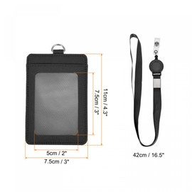 sourcing map Badge Holder 11cm Vertical PU Leather ID Holder with 2 Card Slots and Retractable Neck Lanyard Black for ID Name Tag Access Card