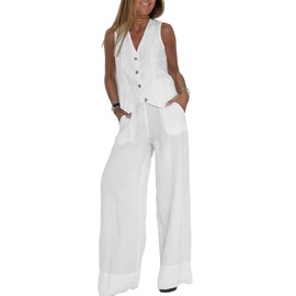 Women's Cotton Linen 2 Piece Outfits Casual Sleeveless Blazer Vest Wide Leg Pant Sets Business Suits for Work Office (A-White, L)
