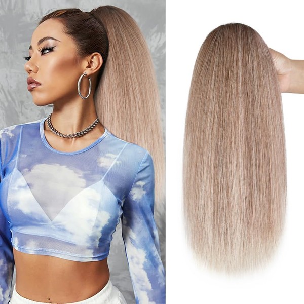 Yaki Straight Ponytail Extension For Black Women, 14 Inch Mixed