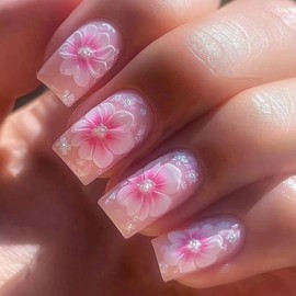 24 Pcs Pink Press on Nails Short Square Nail Tips WLGDLH Fall Fake Nails Press ons Acrylic Nail Kit Full Cover Reusable False Nails Ice Hawaiian Flower Glue on Nails Nude Glossy Nail Art for Ma'am
