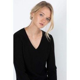 JENNIE LIU Women's 100% Pure Cashmere Long Sleeve Pullover V Neck Jumper(L, Black)