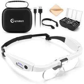 GUOUBUO Magnifying Glass with Light, 1.5X-5.0X Magnifying Glasses, Rechargeable Magnifier Headset with Light, Head Magnifier with 4 Detachable Lenses, Magnify Glasses for Close Work Crafts Jewelry