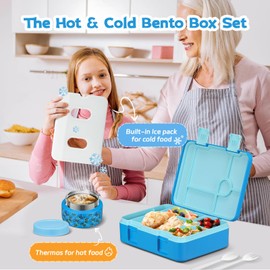 BEAQUEE Bento Lunch Box Kids and 9oz Soup Thermos – 5.5-Cup Leakproof Kids Bento Box with Ice Pack & 9oz Insulated Food Jar – Hot & Cold Food Lunch Container for Boy Girl School, Blue Set