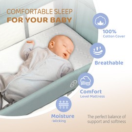 JOYMOR 3 in 1 Baby Bedside Bassinet, Bedside Sleeper with Mattress and Sheet, Convert to Bassinet, Playpen, Foldable Travel Baby Bed, with Toy, Wheels, Brake, Carry Bag