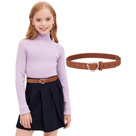 AWAYTR Girls Elastic Leather Belt -Stretch Toddler Belts Rhinestone Heart Buckle Belt for kids (Brown, 80cm)