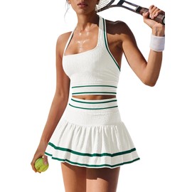 ReachMe Womens Two Piece Tennis Skirt Set 2 Piece Golf Outfits Halter Top and Mini Skorts Matching Workout Sets(White Green,S)