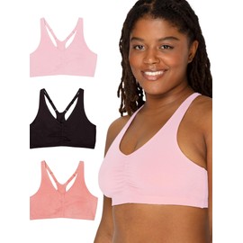 Fruit of the Loom Women's Adjustable Shirred Front Racerback Sports Bra Multi Packs, Desert Dusk/Black/Blushing Rose, 40