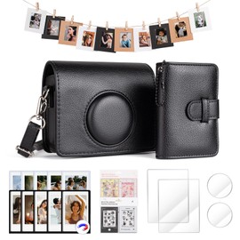 HIYQIN Mini EVO Camera Case and Accessories Bundle, for Fujiifilm Instax Mini EVO Leather Case/Screen & Lens Protector/Photo Album/Magnetic Frames/Hanging Frames/Stickers - Black Case