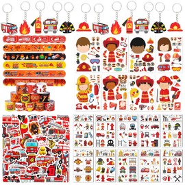 98 PCS Firefighter Party Favors for Kids, Fire Truck Themed Birthday Supplies Decorations Include Slap Bracelets, Keychains, Make a Firefighter Stickers, Temporary Tattoos and Vinyl Stickers
